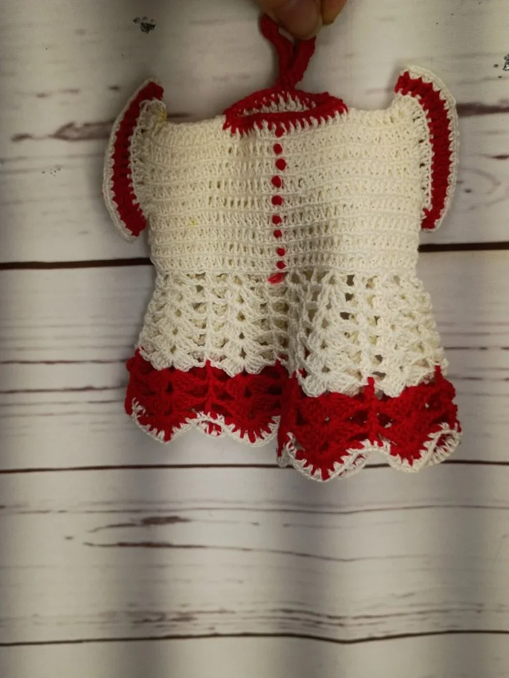 Handmade Crochet Dress-Style Kitchen Towel Holder In White & Red With Hanging Lo